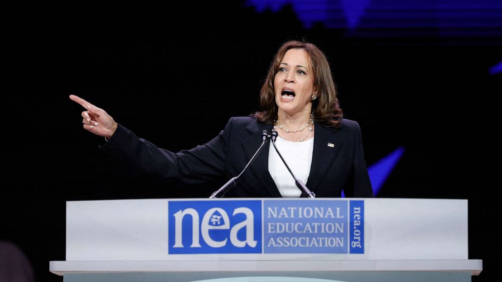 PHOTO: Vice President Kamala Harris speaks at the National Education Association 2022 Annual Meeting and Representative Assembly at the McCormick Convention Center in Chicago, July 5, 2022. 