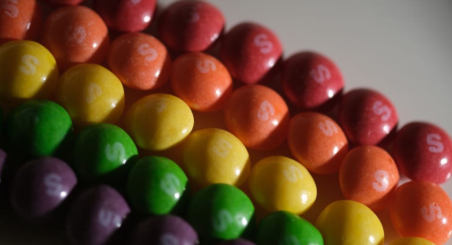 Skittles' candy lined up