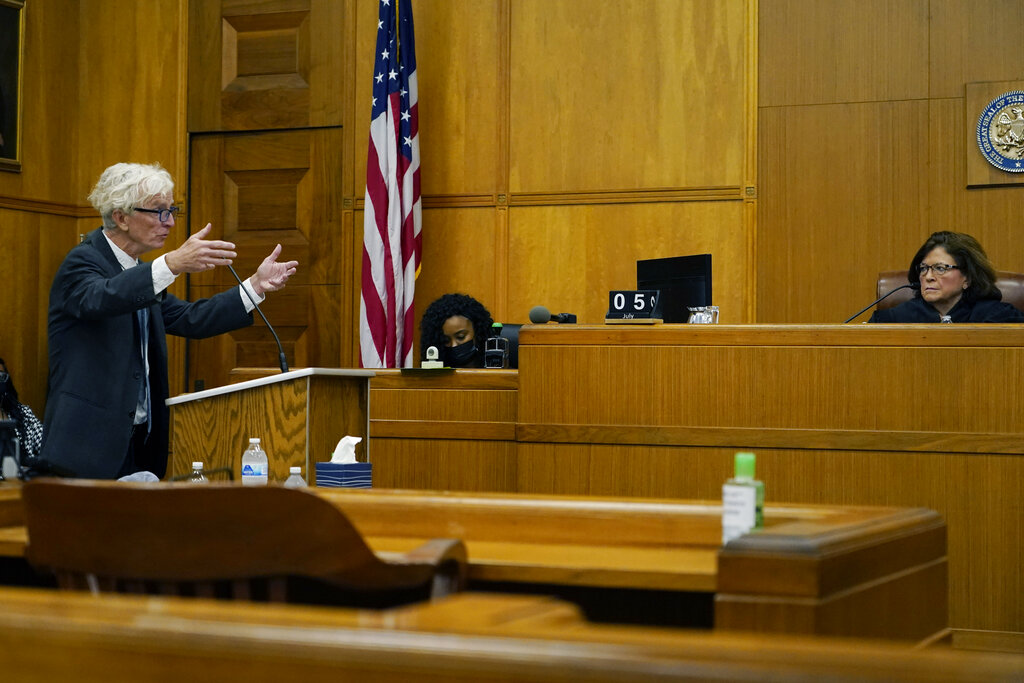 Attorney Rob McDuff, left, an attorney representing the Jackson Women's Health Organization, argues on behalf of the state's only abortion clinic, for a lawsuit filed by them to remain open by blocking a law that would ban most abortions in the state, before Special Chancellor Debbra K. Halford, right, in Hinds County Chancery Court, Tuesday, July 5, 2022, in Jackson, Miss. On June 24, the U.S. Supreme Court overturned Roe v. Wade, ending constitutional protections for abortion. (AP Photo/Rogelio V. Solis, Pool)