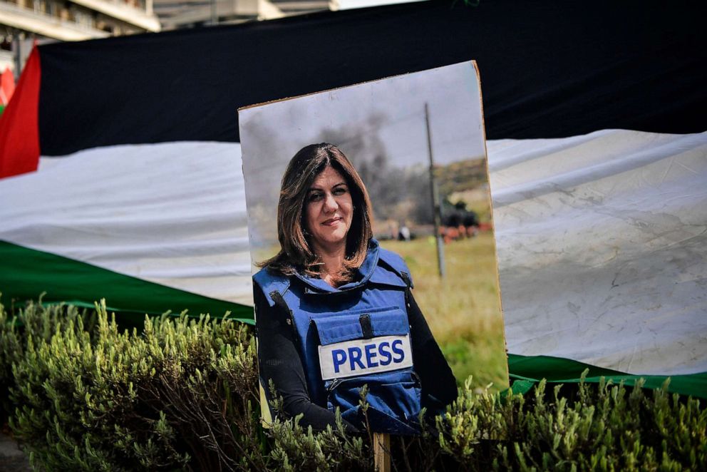 PHOTO: In this May 16, 2022, file photo, a portrait of slain Al Jazeera reporter Shireen Abu Akleh is pictured during a demonstration in front of the Israeli embassy to support Palestinians, in Athens.