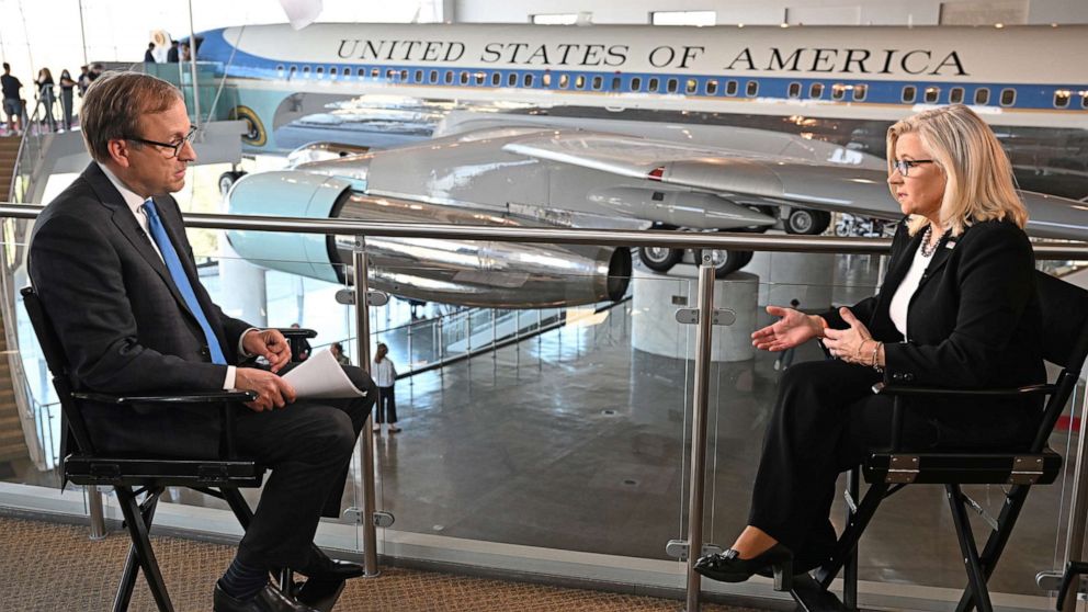 PHOTO: ABC News chief Washington correspondent Jonathan Karl interviews Congresswoman Liz Cheney at The Reagan Library in Simi Valley, Calif. June 29, 2022. 