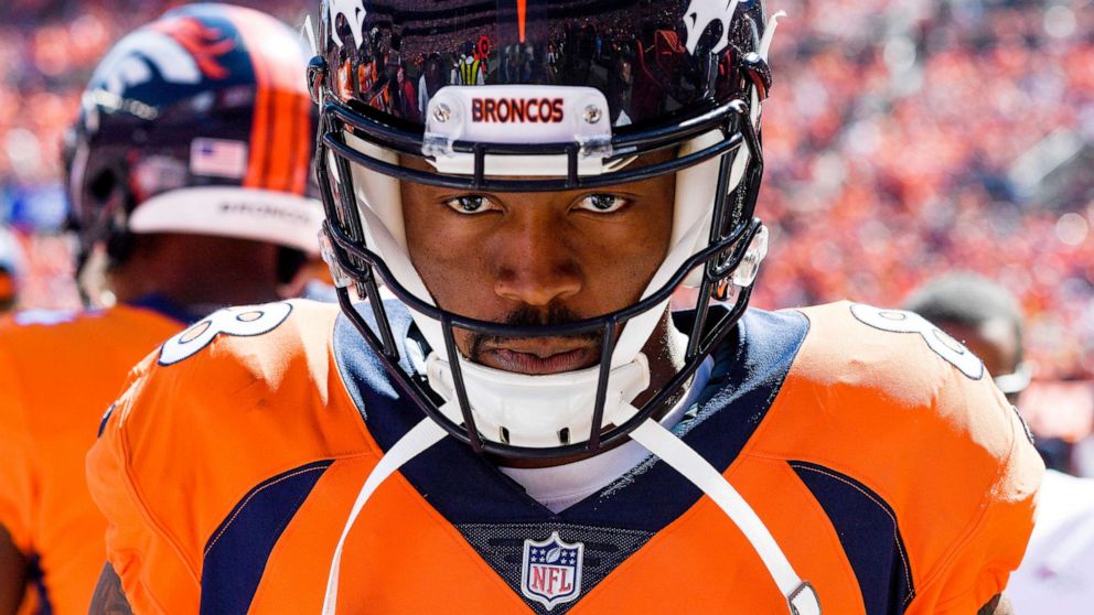 PHOTO: Demaryius Thomas of the Denver Broncos stands on the sidelines during the first quarter against the Seattle Seahawks in Denver, Sept. 9, 2018. 