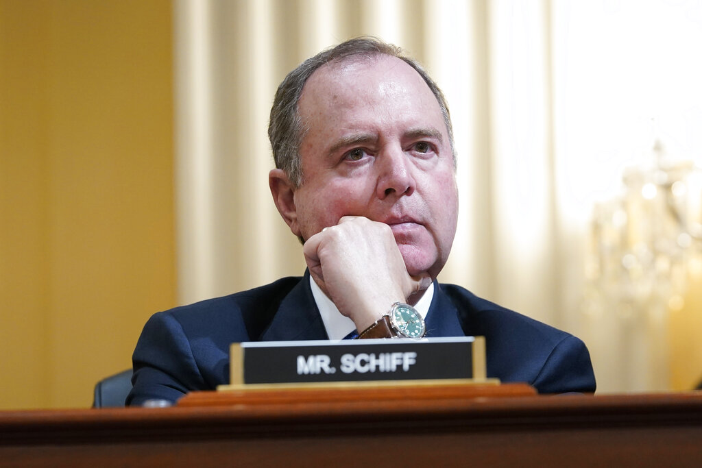 Rep. Adam Schiff, D-Calif., listens as the House select committee investigating the Jan. 6 attack on the U.S. Capitol continues to reveal its findings of a year-long investigation, at the Capitol in Washington, Monday, June 13, 2022. (AP Photo/Susan Walsh)