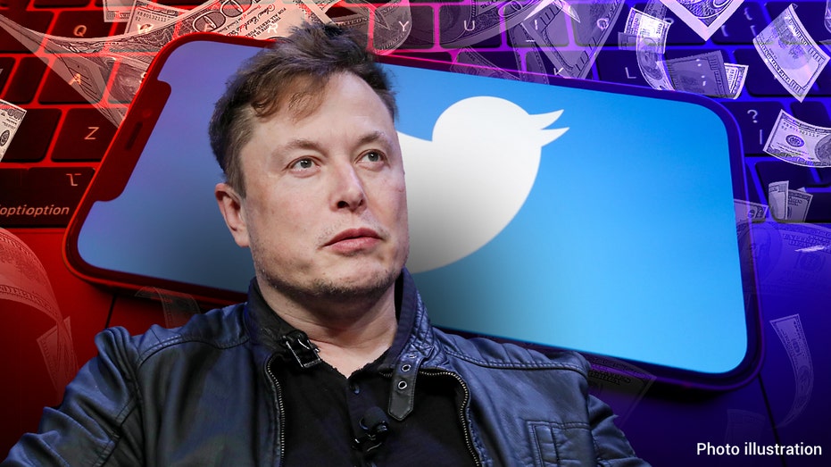 Elon Musk in front of a phone displaying the Twitter logo