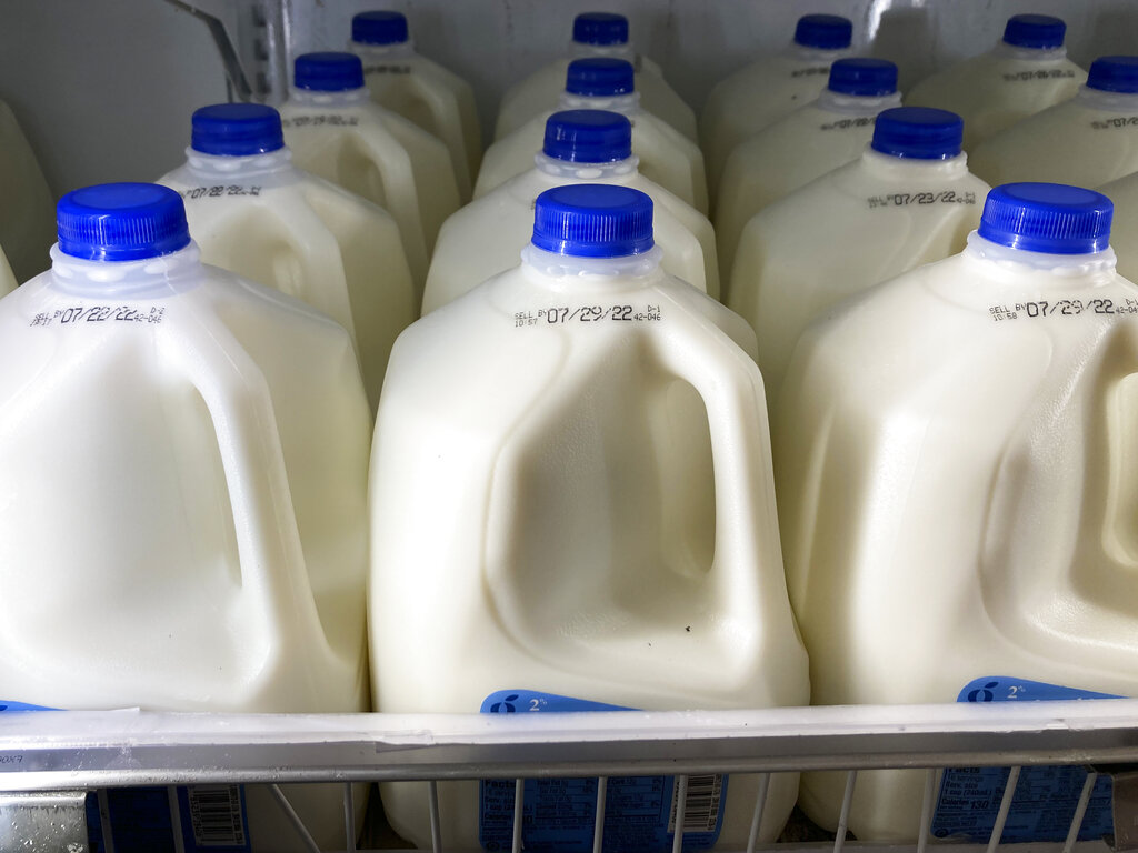 Milk is displayed at a grocery store in Philadelphia, Tuesday, July 12, 2022. On Wednesday, July 13, 2022, the Labor Department will report on U.S. consumer prices for June. (AP Photo/Matt Rourke)