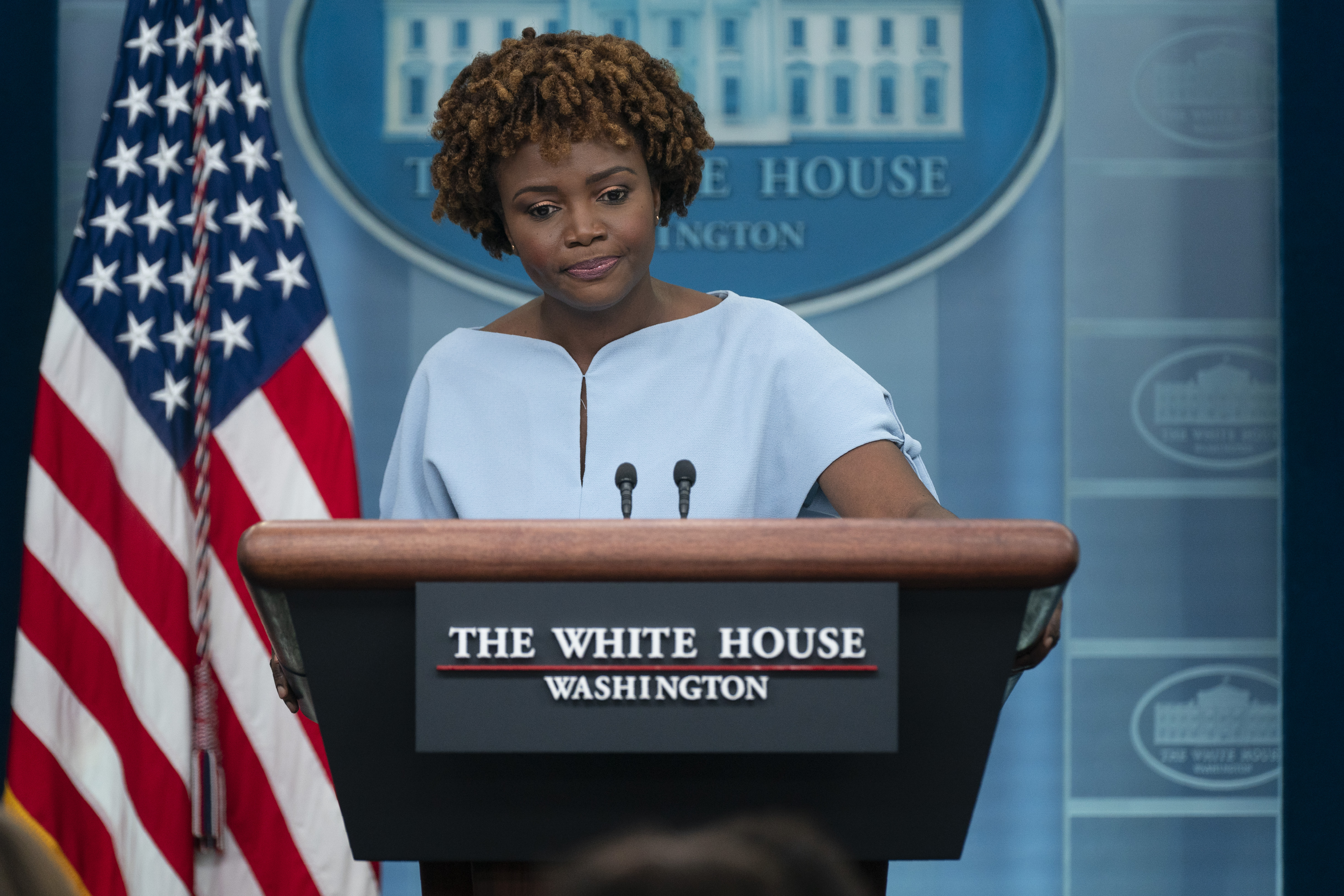 White House press secretary Karine Jean-Pierre listens to a question during a press briefing at the White House, Tuesday, July 5, 2022, in Washington. (AP Photo/Evan Vucci)