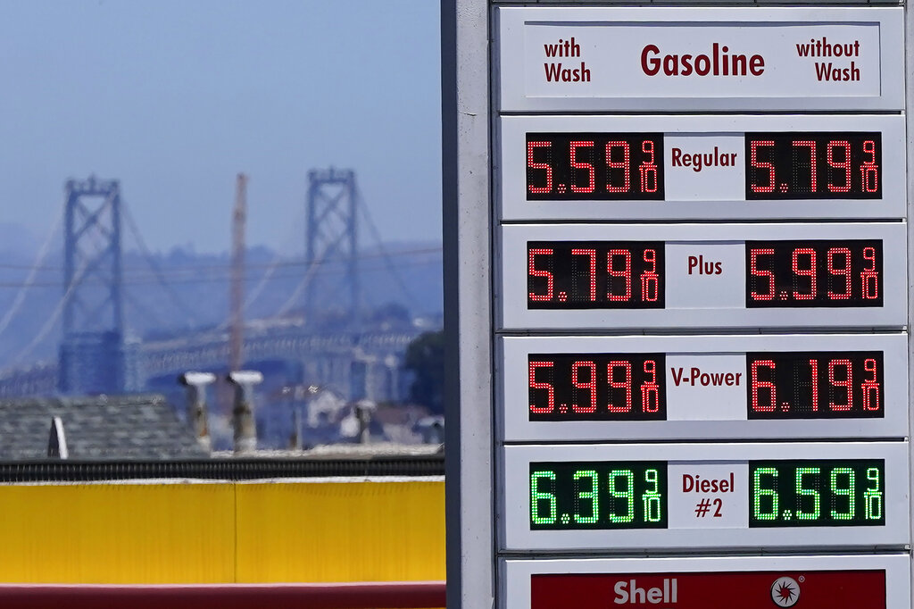 The San Francisco-Oakland Bay Bridge is shown behind the gasoline price board of a gas station in San Francisco, Wednesday, July 20, 2022. (AP Photo/Jeff Chiu)