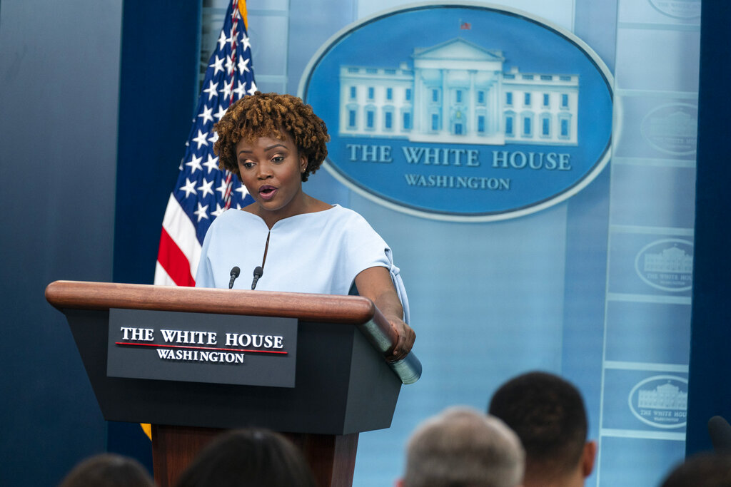 White House press secretary Karine Jean-Pierre speaks during a press briefing at the White House, Tuesday, July 5, 2022, in Washington. (AP Photo/Evan Vucci)