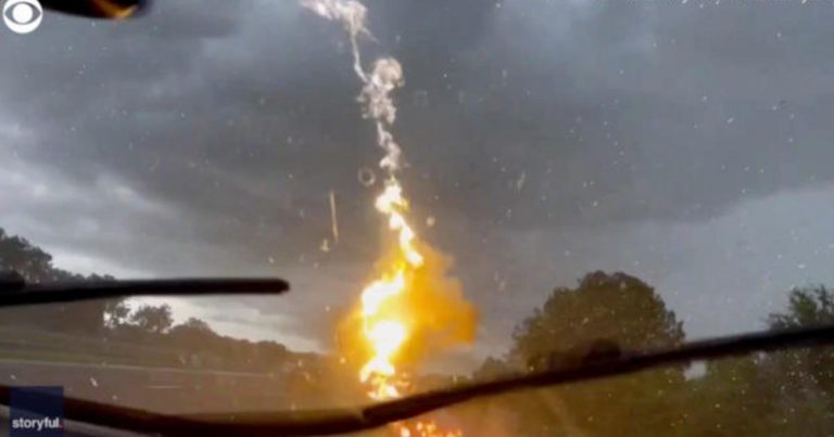 Woman captures video of lightning striking her husband’s truck