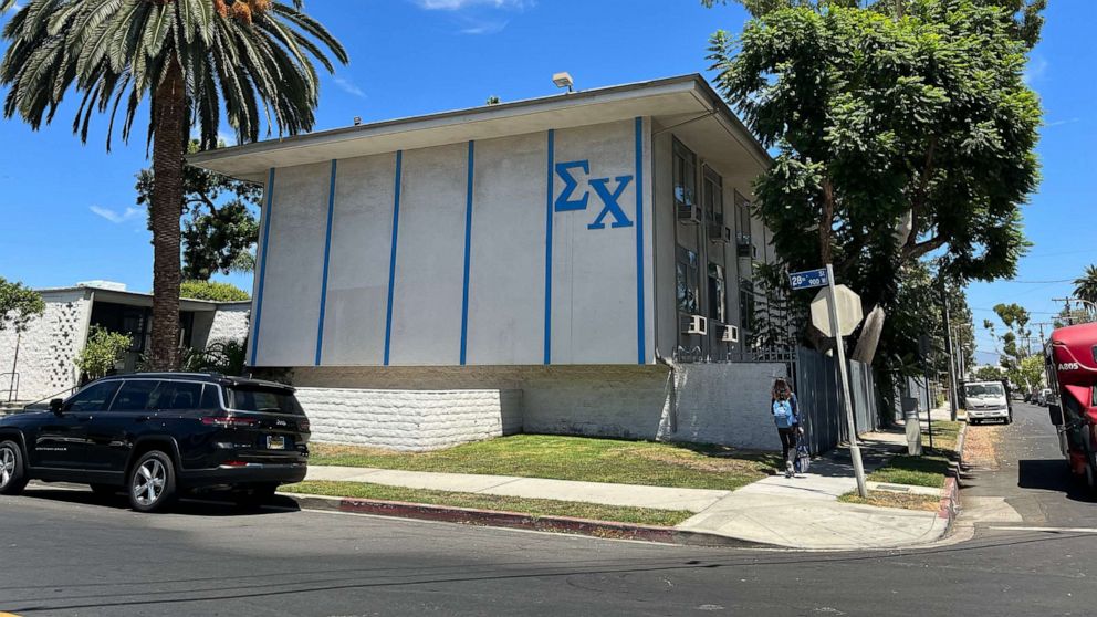 PHOTO: The Sigma Chi fraternity house is shown on Aug 12, 2022, in Los Angeles.