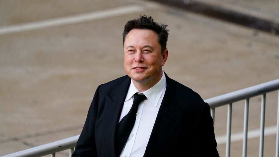 Tesla CEO Elon Musk is pictured wearing a black suit with a black tie