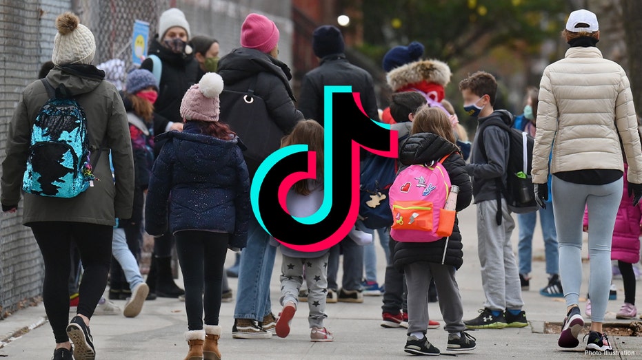 Fox News illustration of children arriving to school with the TikTok logo in the foreground