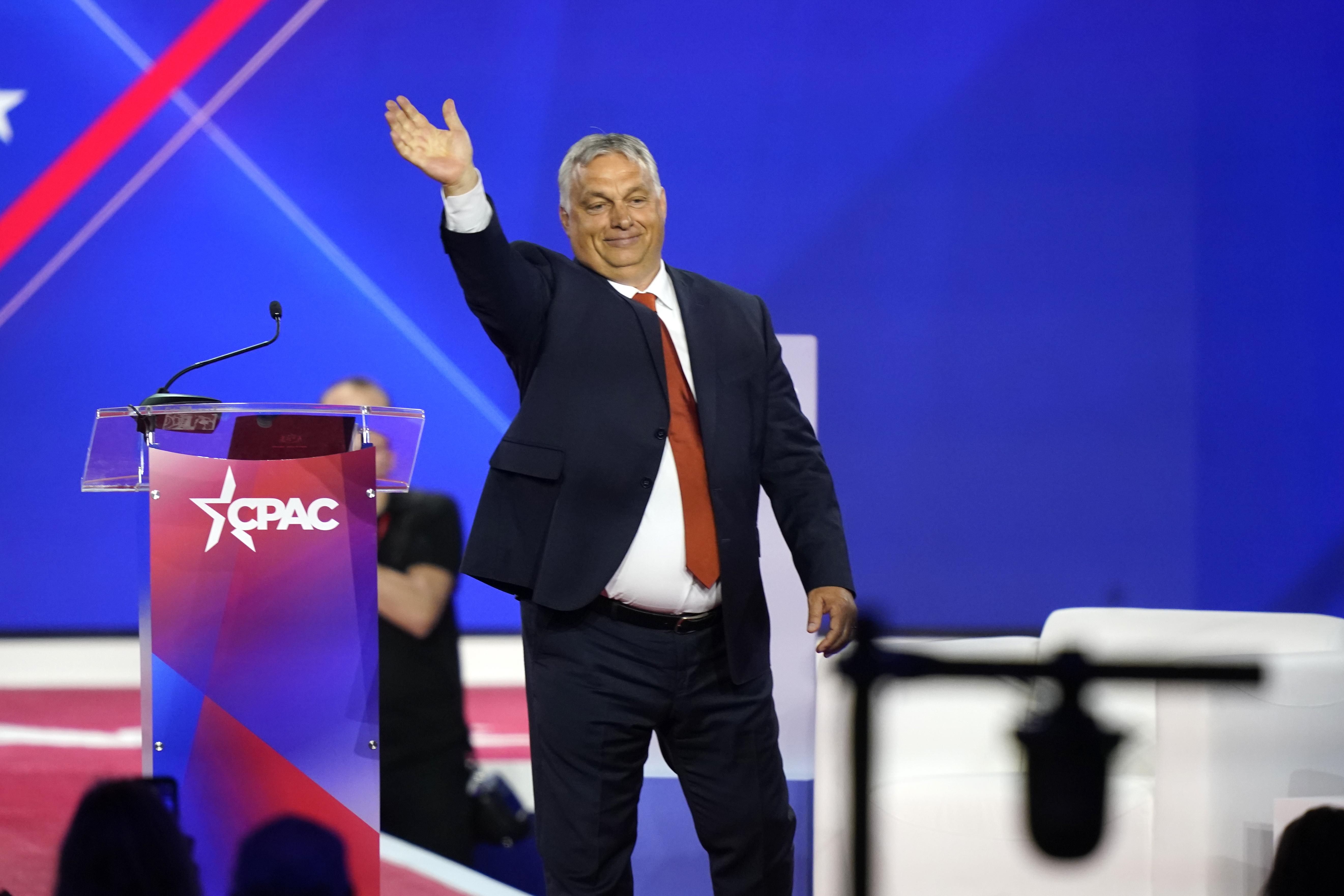 Hungarian Prime Minister Viktor Orban waves after speaking at the Conservative Political Action Conference (CPAC) in Dallas, Thursday, Aug. 4, 2022. (AP Photo/LM Otero)