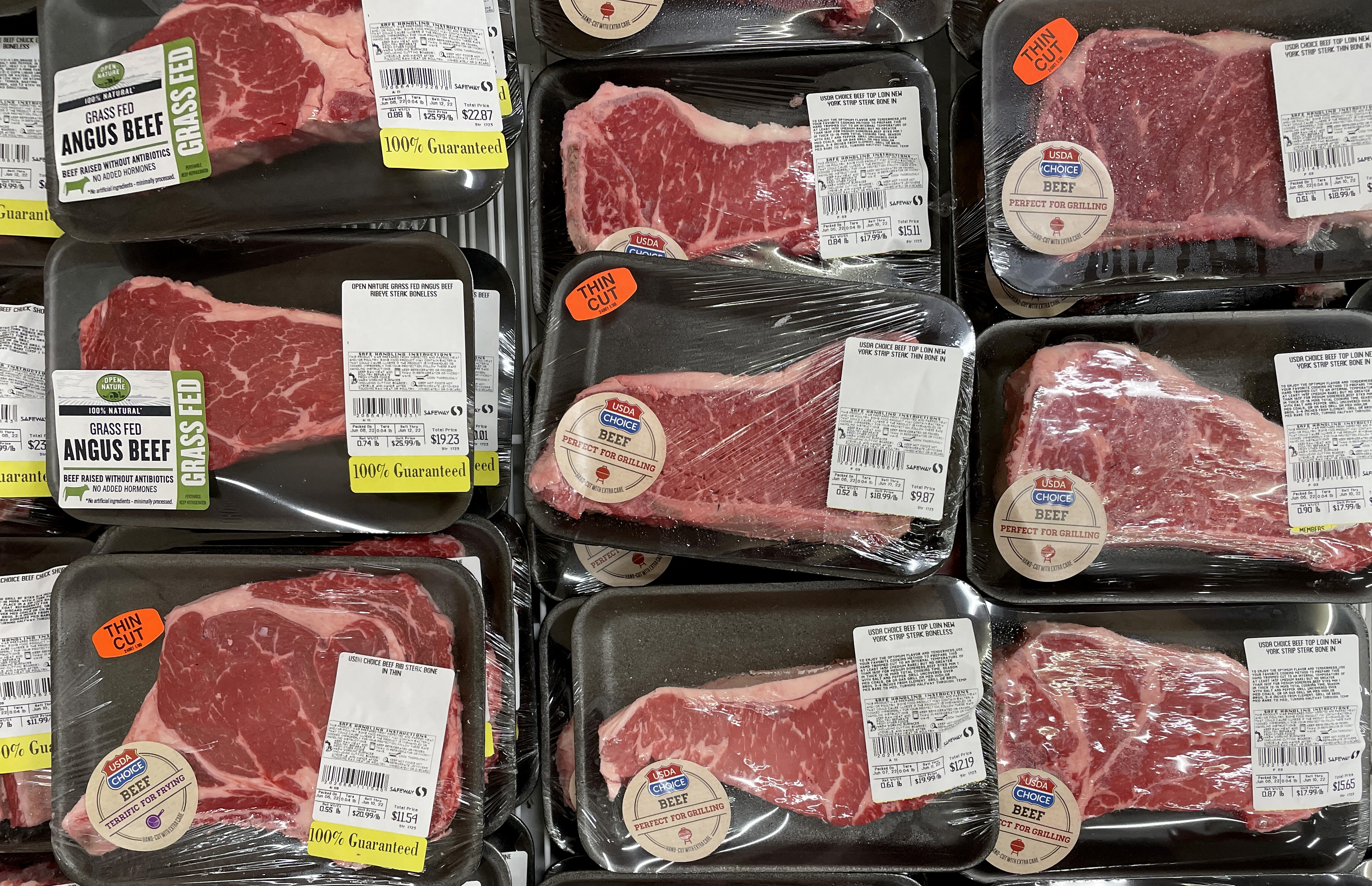SAN ANSELMO, CALIFORNIA - JUNE 08: Beef steaks are displayed in the meat section at a Safeway store on June 08, 2022 in San Anselmo, California. The U.S. Labor Department will report May's inflation numbers this Friday after reporting a rate of 8.3% in April of this year. (Photo by Justin Sullivan/Getty Images)