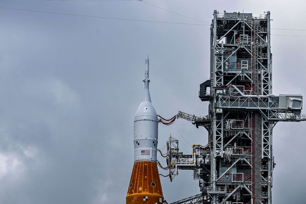 PHOTO: The Artemis I rocket sits on the launch pad at Kennedy Space Center in Cape Canaveral, Florida, on August 26, 2022, ahead of its expected launch on August 29.