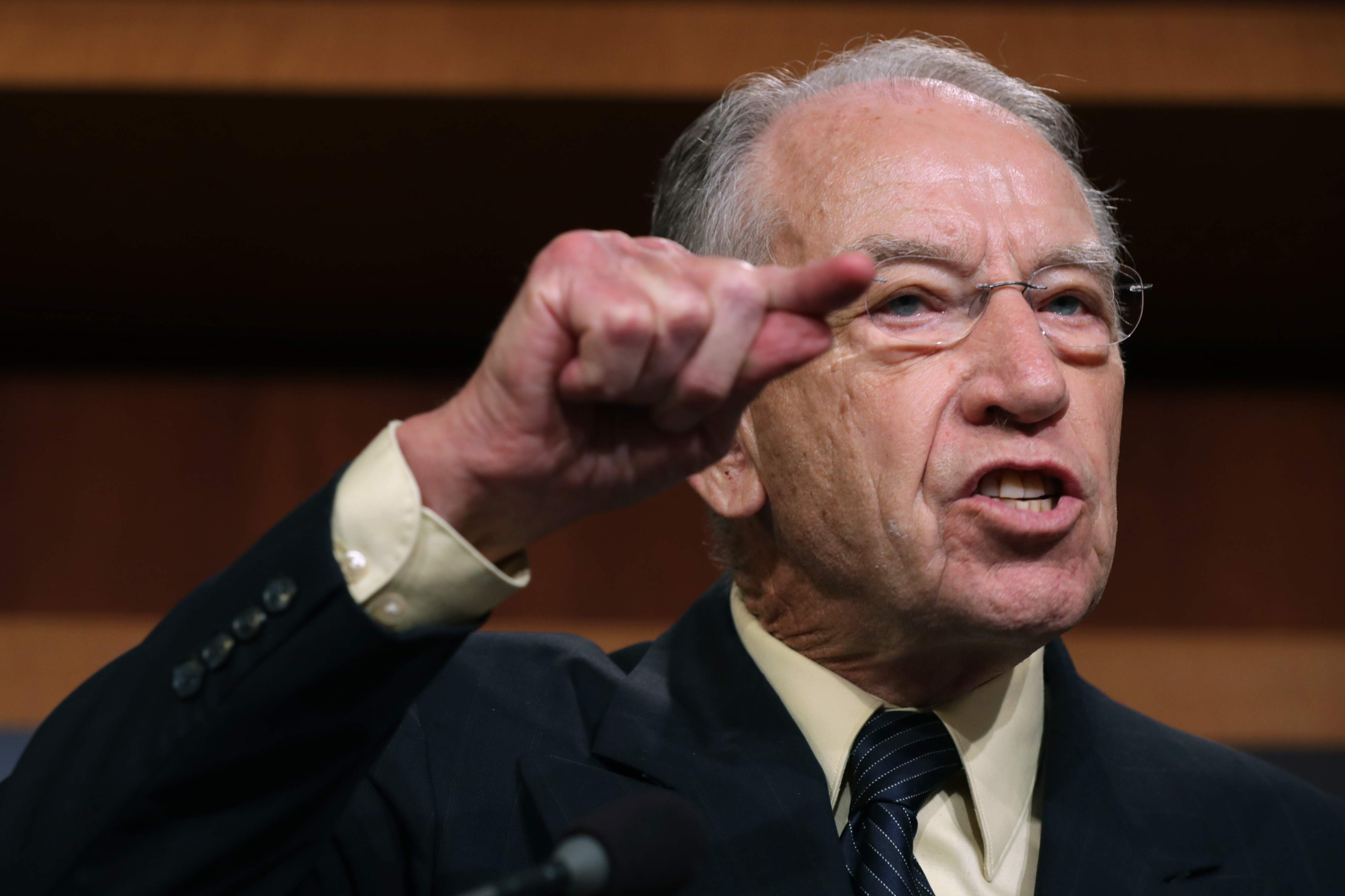 WASHINGTON, DC - OCTOBER 04: Senate Judiciary Committee Chairman Charles Grassley (R-IA) speaks during a news conference to discuss this week’s FBI investigation into Supreme Court nominee Judge Brett Kavanaugh at the U.S. Capitol October 04, 2018 in Washington, DC. Calling Dr. Christine Blasey Ford’s allegations of sexual assault by Kavanaugh “outrageous,” GOP senators hope to move forward with a confirmation vote this weekend. (Photo by Chip Somodevilla/Getty Images)