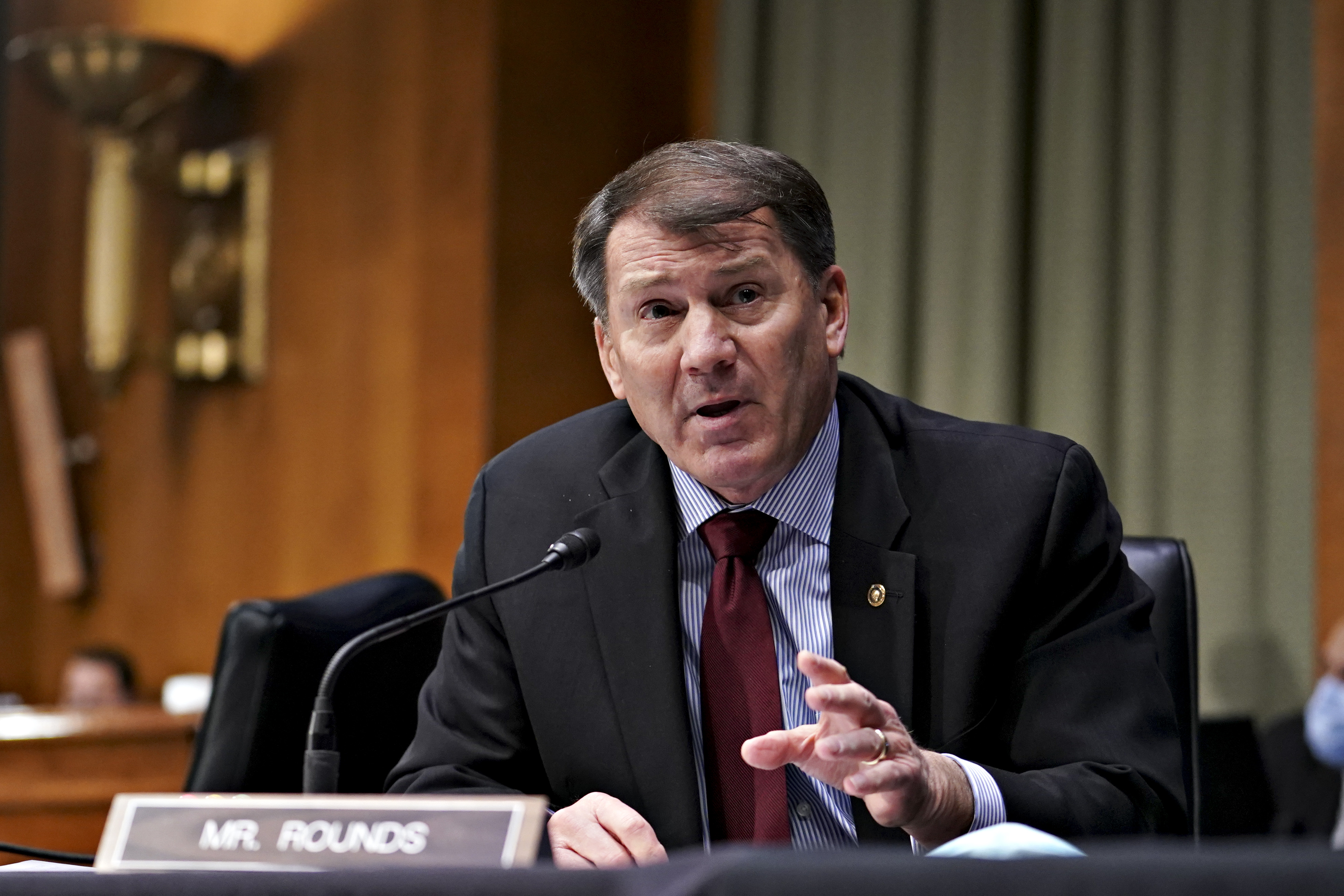 WASHINGTON, DC - JANUARY 27: Senator Mike Rounds, a Republican from South Dakota, speaks during a Senate Veterans' Affairs Committee confirmation hearing for Denis McDonough, U.S. secretary of Veterans Affairs (VA) nominee for U.S. President Joe Biden, on January 27, 2021 in Washington, D.C. As Barack Obama’s chief of staff, McDonough oversaw the VAs overhaul in response to its 2014 wait-time scandal and previously served as a deputy national security adviser. (Photo Sarah Silbiger-Pool/Getty Images)