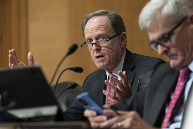 Sen. Pat Toomey, R-Pa., with Sen. Bill Cassidy, R-La., right, questions Department of the Treasury Secretary Janet Yellen as she testifies during a Senate Finance Committee hearing to examine President Joe Biden's proposed budget request for fiscal year 2023, on Capitol Hill, June 7, 2022, in Washington. (AP Photo/Manuel Balce Ceneta, File)  