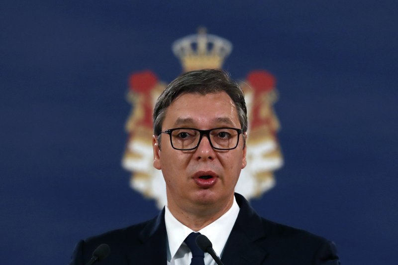 Serbia's President Aleksandar Vucic speaks during a press conference in Belgrade, Serbia, Saturday, July 20, 2019. Serbia's president says the decision by Kosovo's prime minister to step down over a call for questioning by a Hague-based court investigating crimes against ethnic Serbs during and after the country's 1998-99 war is a "political trick." (AP Photo/Darko Vojinovic)