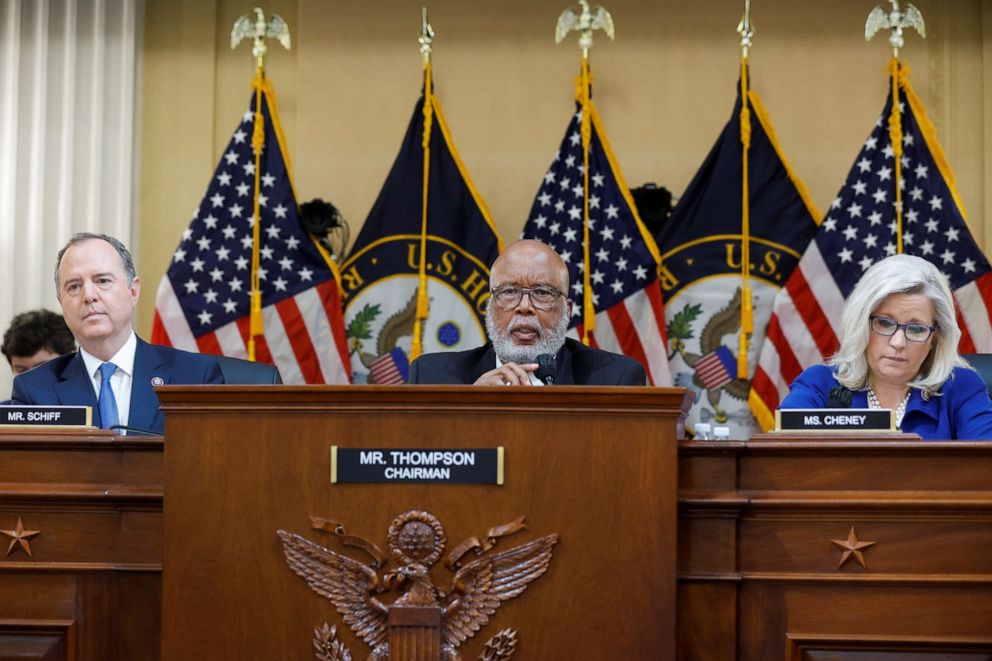 PHOTO: In this June 21, 2022, file photo, Committee Chairperson Bennie Thompson, Vice Chair Rep. Liz Cheney, and committee member Rep. Adam Schiff at the U.S. House Select Committee to investigate the January 6 Attack on the U.S. Capitol, in Washington.