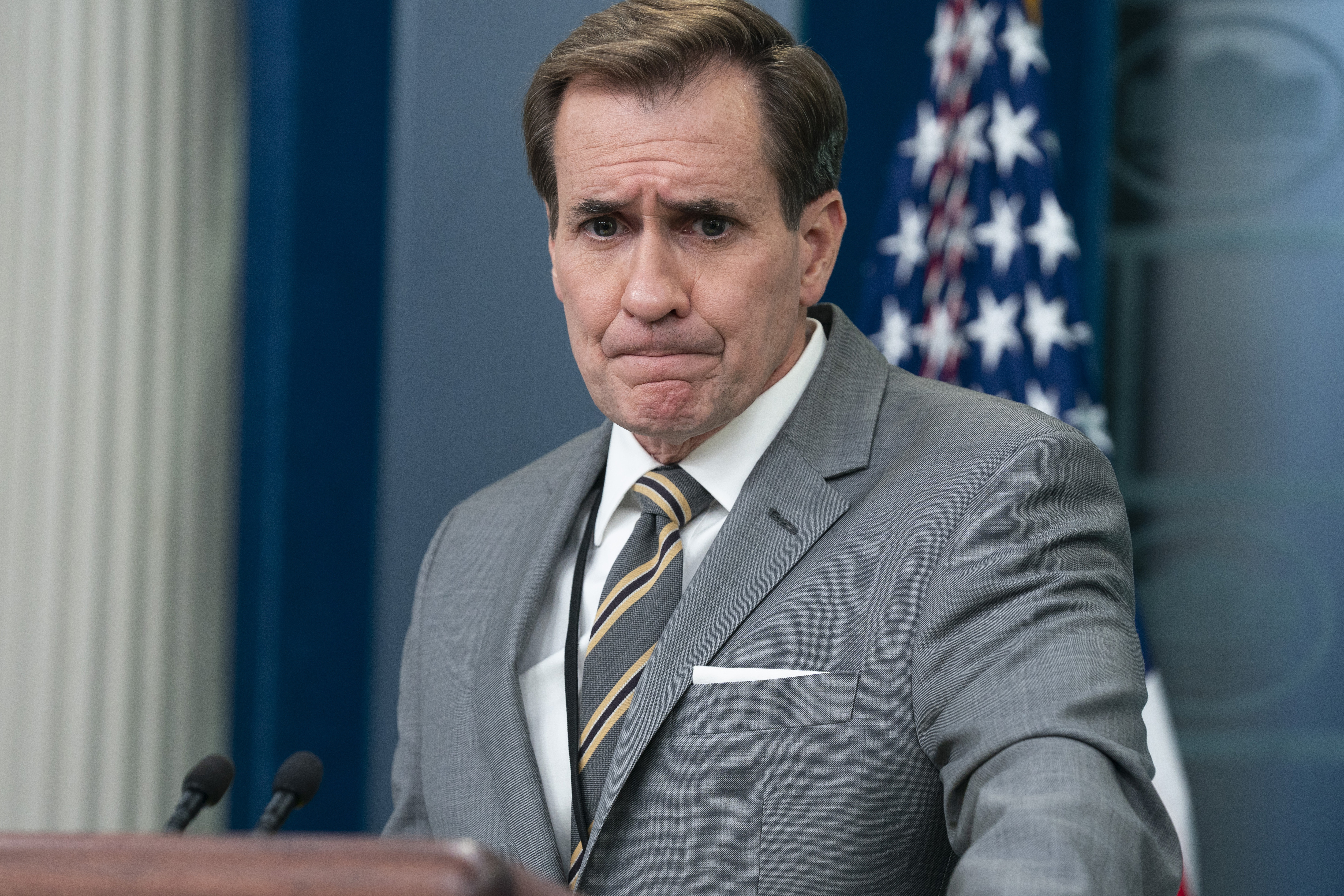 National Security Council spokesman John Kirby listens to a question during a briefing at the White House, Monday, Aug. 1, 2022, in Washington. (AP Photo/Evan Vucci)