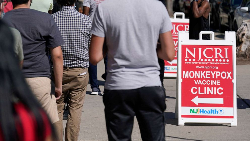 PHOTO: People line up to receive the monkeypox vaccine at a walk-in clinic at the North Jersey Community Research Initiative in Newark, N.J., Aug. 16, 2022.