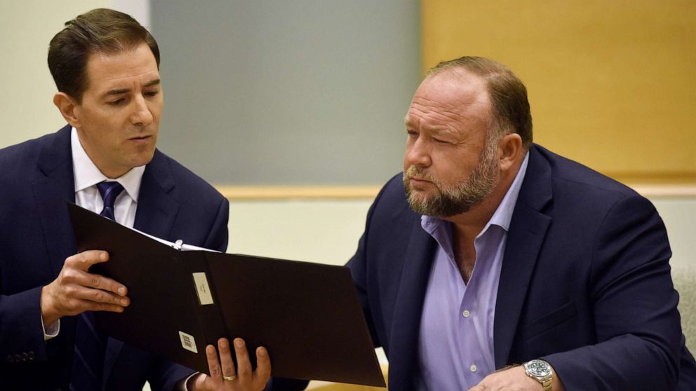 PHOTO: Plaintiff's attorney Chris Mattei, left, questions Conspiracy theorist Alex Jonesduring testimony at the Alex Jones Sandy Hook defamation damages trial at Connecticut Superior Court in Waterbury, Conn., Sept. 22, 2022.