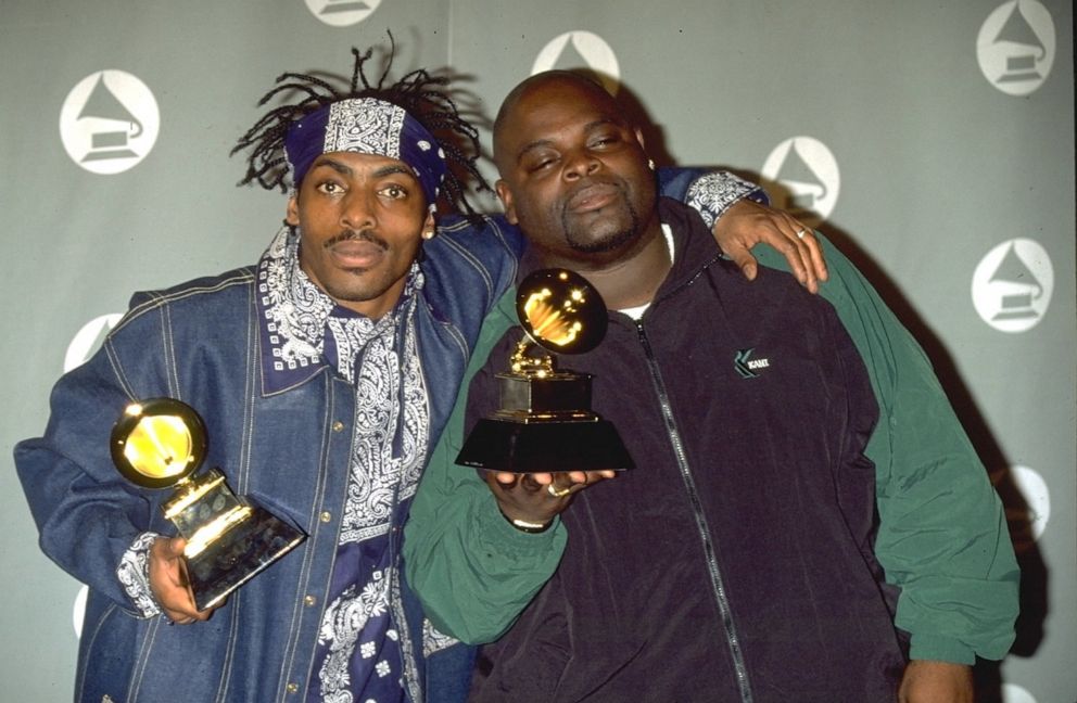 PHOTO: Rapper Coolio and a singer L.V. pose together at the 38th Annual Grammy Awards in Los Angeles, Feb. 28, 1996. Coolio won the Best Rap Solo Performance award for "Gangsta's Paradise."