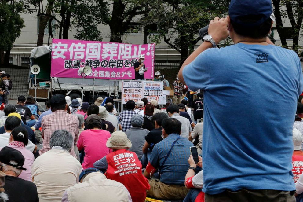 PHOTO: Protesters gather a park in Tokyo on Sept. 23, 2022, demanding the cancellation of former Japanese Prime Minister Shinzo Abe's state funeral.