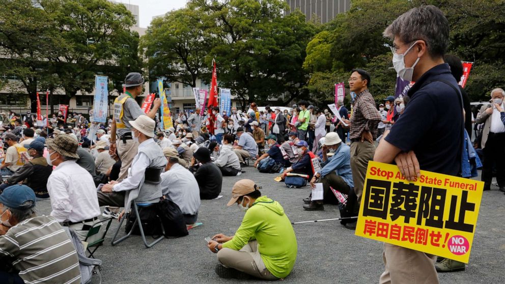 PHOTO: Protesters gather a park in Tokyo on Sept. 23, 2022, to demand the cancellation of former Japanese Prime Minister Shinzo Abe's state funeral.