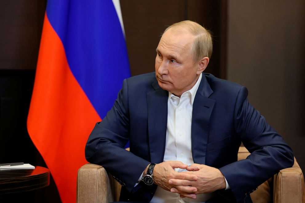 PHOTO: Russian President Vladimir Putin listens to Belarusian President Alexander Lukashenko during their meeting in the Bocharov Ruchei residence in the Black Sea resort of Sochi, Russia, Sept. 26, 2022.