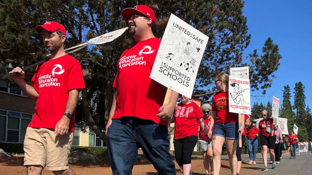 PHOTO: Teachers and staff from Jane Addams Middle School in north Seattle picket on what was supposed to be the first day of classes, on Sept. 7, 2022.