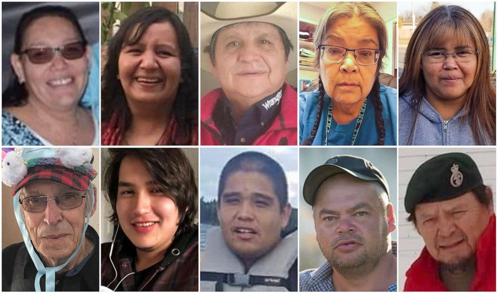 PHOTO: Photos provided by RCMP shows stabbing victims, from top left, Bonnie Burns, Carol Burns, Christian Head, Lydia Gloria Burns, and Lana Head. From bottom left, Wesley Petterson, Thomas Burns, Gregory Burns, Robert Sanderson, and Earl Burns.
