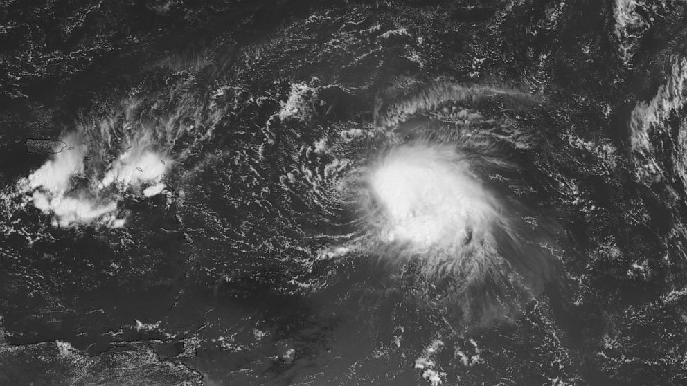 PHOTO: A satellite image shows Tropical Storm Fiona building to the east of Puerto Rico, Feb. 15, 2022.