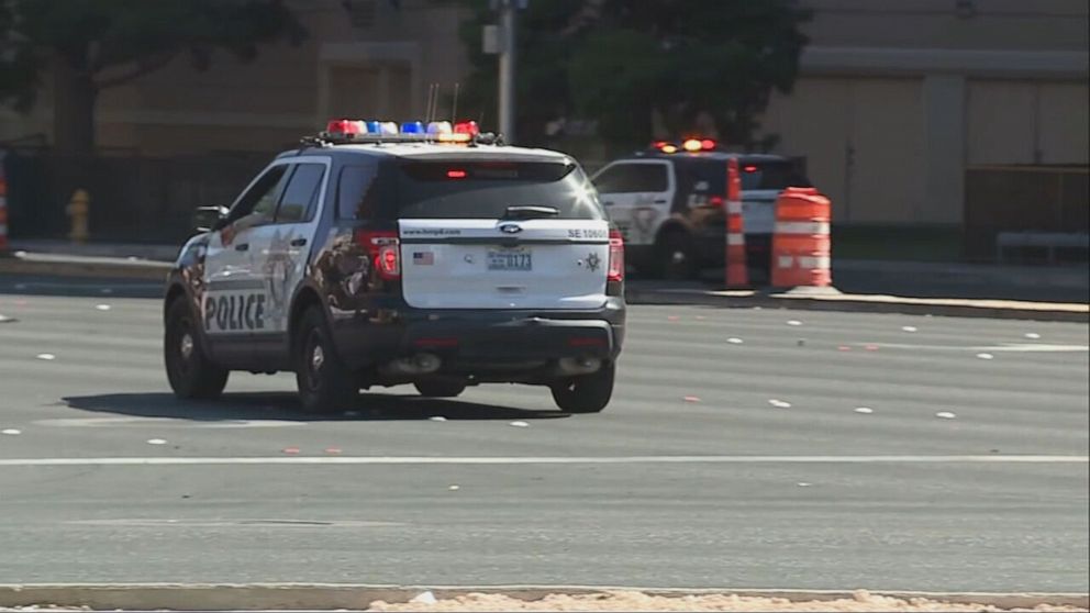 PHOTO: Law enforcement vehicles are shown along the Las Vegas Strip where multiple people were stabbed on Oct. 6, 2022, in Las Vegas.