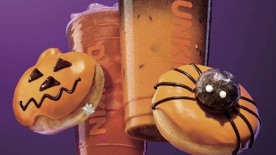 Dunkin's Halloween lineup: Dunk-o-Lantern Donut, Spider Specialty Donut, Peanut Butter Cup Macchiato and Blood Orange Dunkin’ Refresher