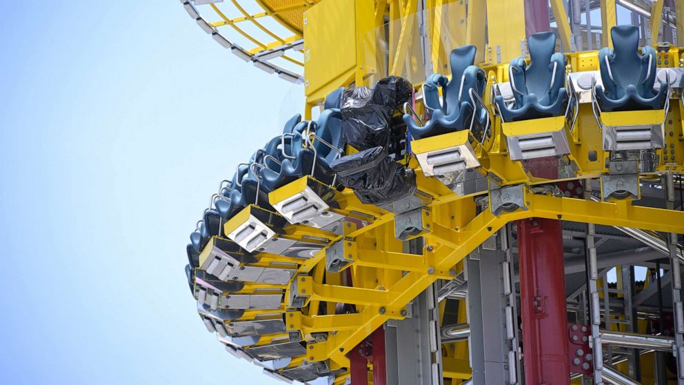 PHOTO: Black plastic wrapping is viewed on one of the seats of the Orlando Free Fall ride at the ICON Park entertainment complex, where Tyre Sampson fell to his death while on the ride in Orlando, Fla., June 15, 2022.