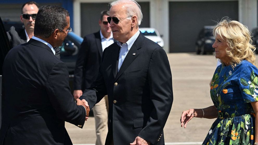 PHOTO: President Joe Biden and] First Lady Jill Biden are greeted by Governor of Puerto Rico Pedro Pierluisi upon arrival at Mercedita International Airport in the aftermath of Hurricane Fiona, in Ponce, Puerto Rico, Oct. 3, 2022.