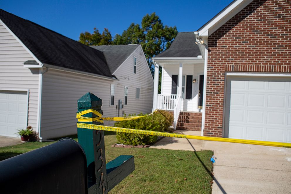 PHOTO: Crime scene tape is seen on Sahalee Way in the Hedingham neighborhood of Raleigh, N.C., Oct. 15, 2022.