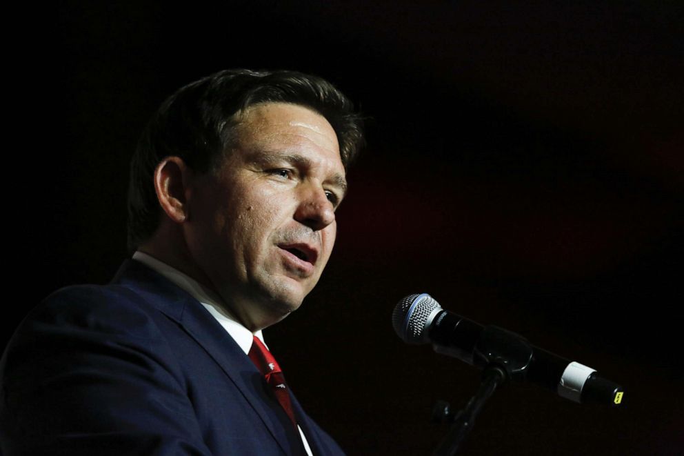 PHOTO: Ron DeSantis speaks during the 2022 Victory Dinner in Hollywood, Fla., July 23, 2022.