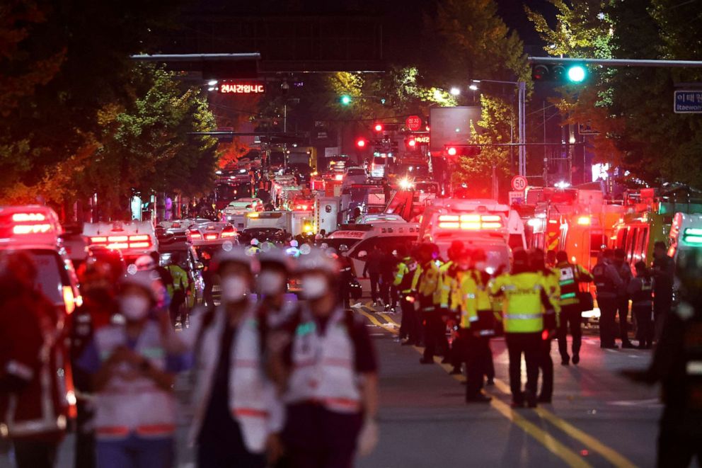 PHOTO: PRescue teams work at the scene where dozens of people were injured in a stampede during a Halloween festival in Seoul, South Korea, Oct. 30, 2022.