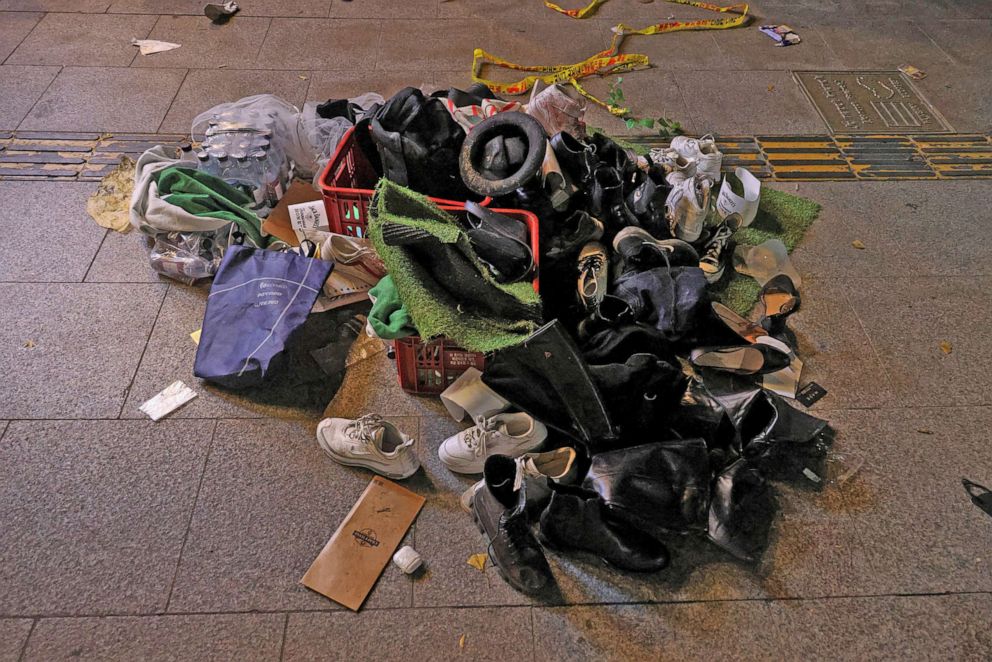 PHOTO: Belongings of victims are seen at the scene where dozens of people were injured in a stampede during a Halloween festival in Seoul, South Korea, Oct. 30, 2022.