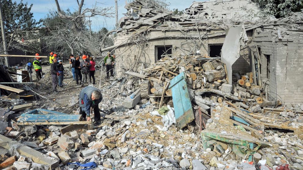 PHOTO: A residential building was destroyed as a result of shelling by the Russian troops, in Zaporizhzhia, south-eastern Ukraine, on Oct. 10, 2022.