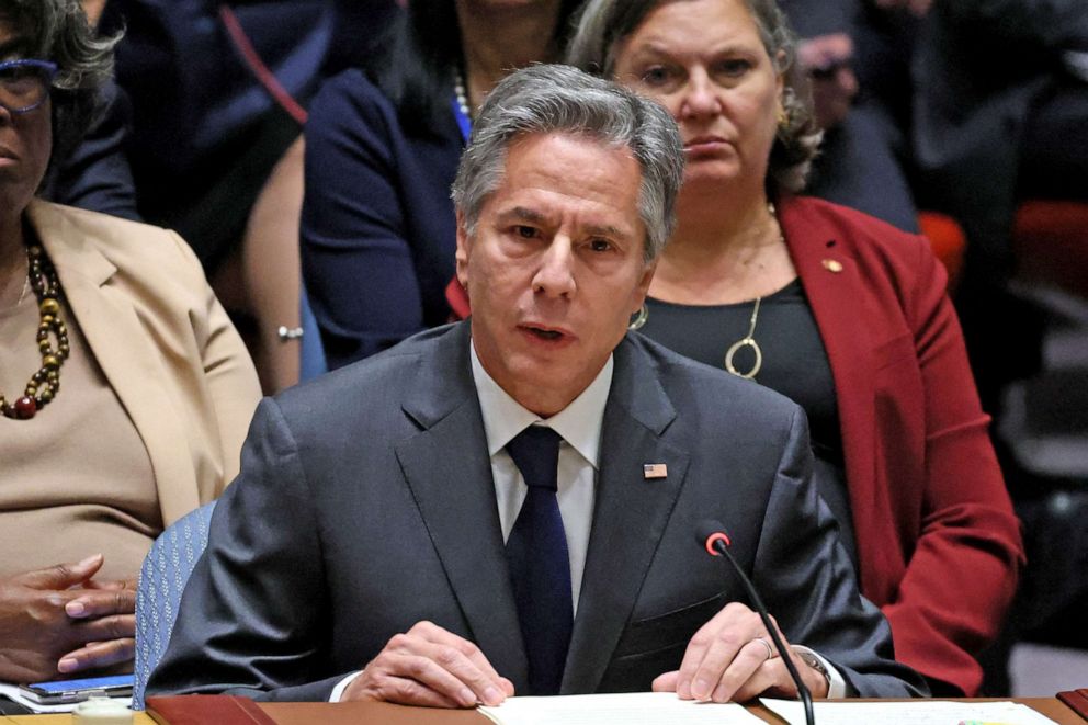 PHOTO: U.S. Secretary of State Antony Blinken speaks during a high level meeting of the United Nations Security Council on the situation amid Russia's invasion of Ukraine, at U.N. Headquarters in New York, Sept. 22, 2022. 