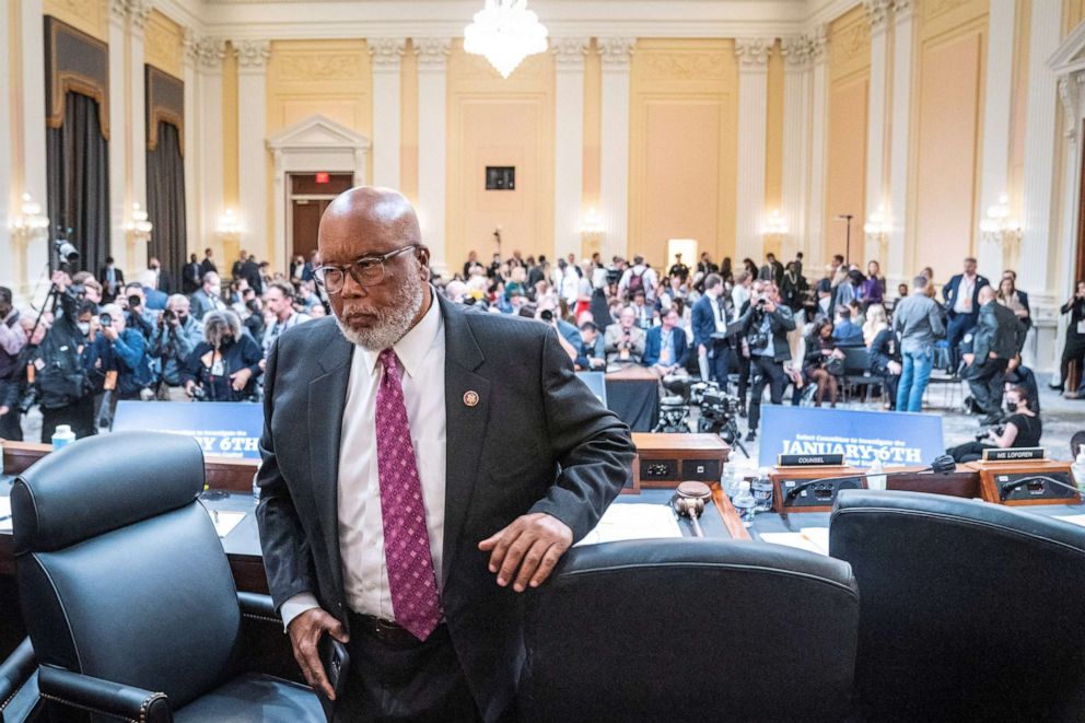 PHOTO: Chairman Bennie Thompson departs during a break as the House select committee investigating the Jan. 6 attack on the U.S. Capitol holds a hearing, Oct. 13, 2022, in Washington.