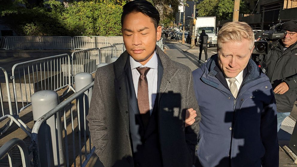 PHOTO: Anthony Rapp, right, and Ken Ithiphol arrive for a civil case against actor Kevin Spacey at a federal courthouse in lower Manhattan in New York, Oct. 20, 2022.