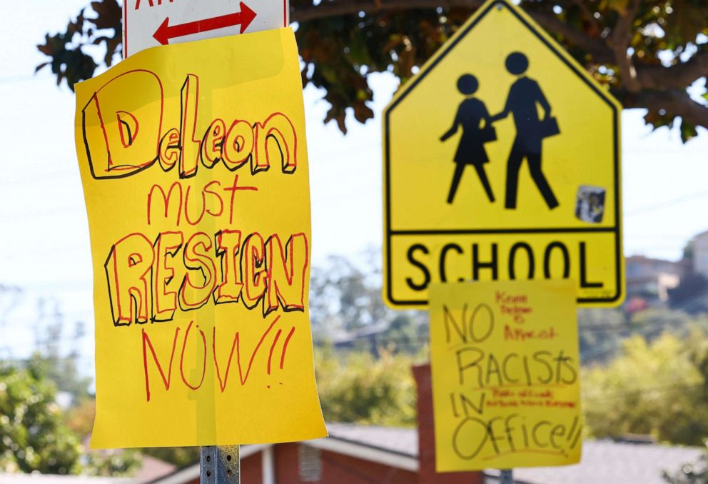 PHOTO: Signs calling for the resignation of L.A. City Council member Kevin de Leon are posted near de Leon's home in the wake of a leaked audio recording on October 18, 2022 in Los Angeles.