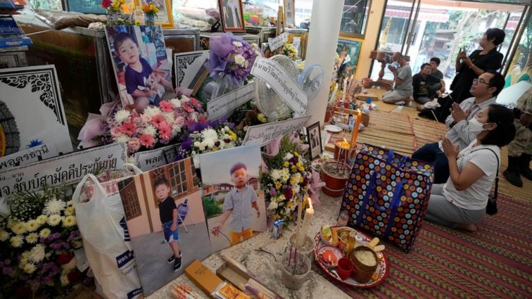 Mourners pray at Thai temple filled by children’s keepsakes