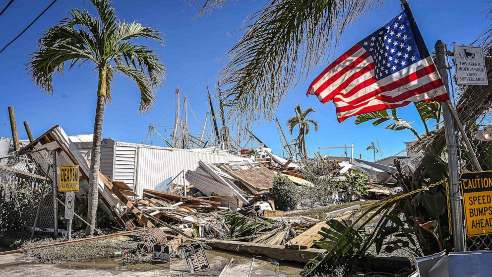 PHOTO: Part of a destroyed mobile home park is pictured in the aftermath of Hurricane Ian in Fort Myers Beach, Fla., on Sept. 30, 2022.