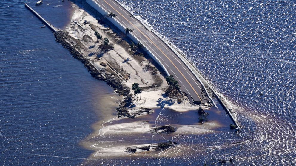 PHOTO: Damage from Hurricane Ian is seen on the causeway leading to Sanibel Island from Fort Myers, Fla., in this aerial photo made in a flight provided by mediccorps.org, on Sept. 30, 2022.